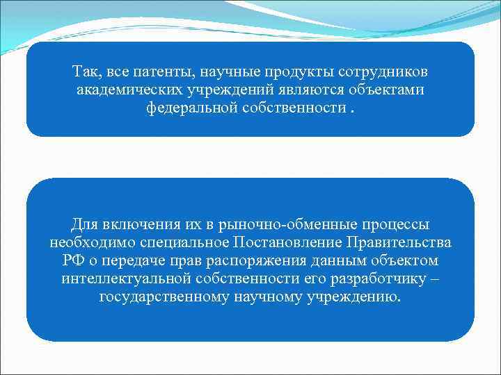 Так, все патенты, научные продукты сотрудников академических учреждений являются объектами федеральной собственности. Для включения