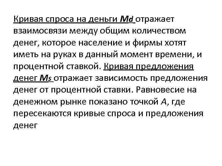 Кривая спроса на деньги Md отражает взаимосвязи между общим количеством денег, которое население и