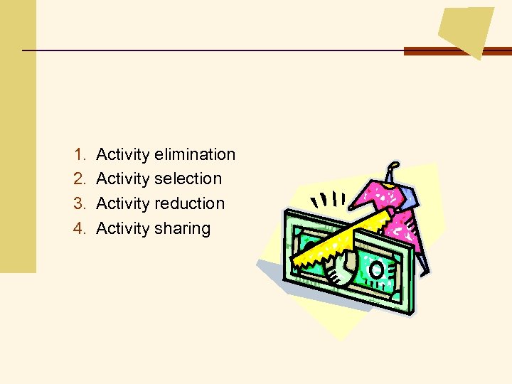 1. 2. 3. 4. Activity elimination Activity selection Activity reduction Activity sharing 