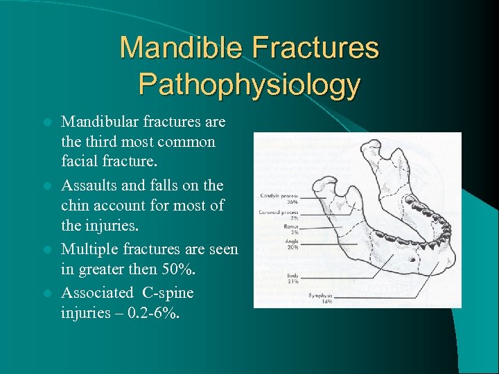 Mandible Fractures Pathophysiology Mandibular fractures are third most common facial fracture. l Assaults and