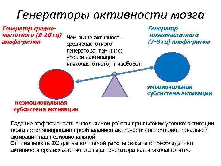 Генераторы активности мозга Генератор среднечастотного (9 -10 гц) Чем выше активность альфа-ритма среднечастотного Генератор