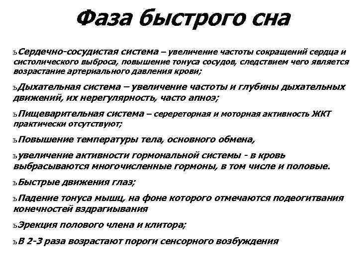 Фаза быстрого сна ь Сердечно-сосудистая система – увеличение частоты сокращений сердца и систолического выброса,
