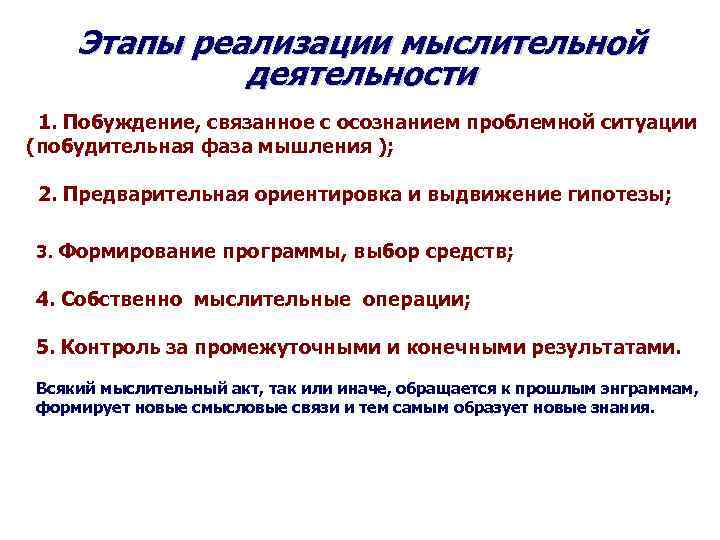 Этапы реализации мыслительной деятельности 1. Побуждение, связанное с осознанием проблемной ситуации (побудительная фаза мышления