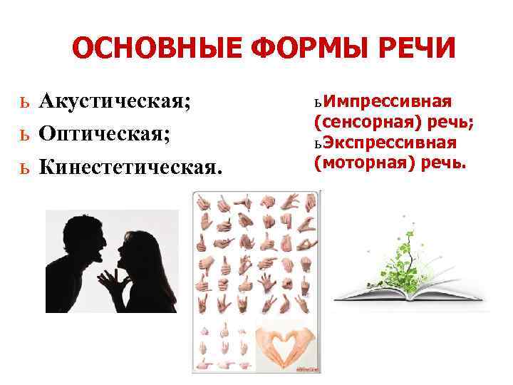 ОСНОВНЫЕ ФОРМЫ РЕЧИ ь Акустическая; ь Оптическая; ь Кинестетическая. ь Импрессивная (сенсорная) речь; ь