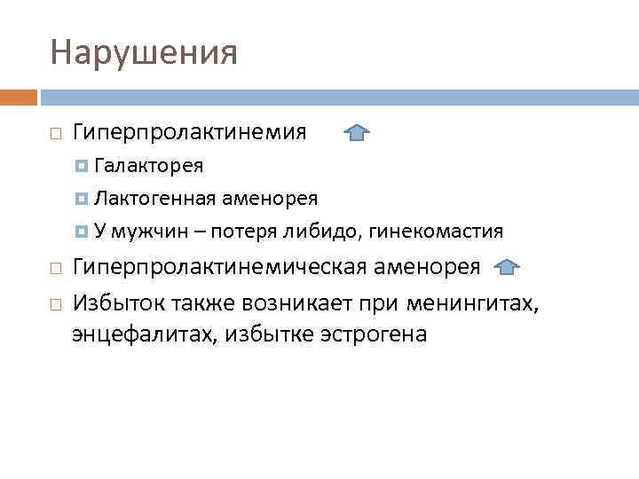 Нарушения Гиперпролактинемия Галакторея Лактогенная аменорея У мужчин – потеря либидо, гинекомастия Гиперпролактинемическая аменорея Избыток