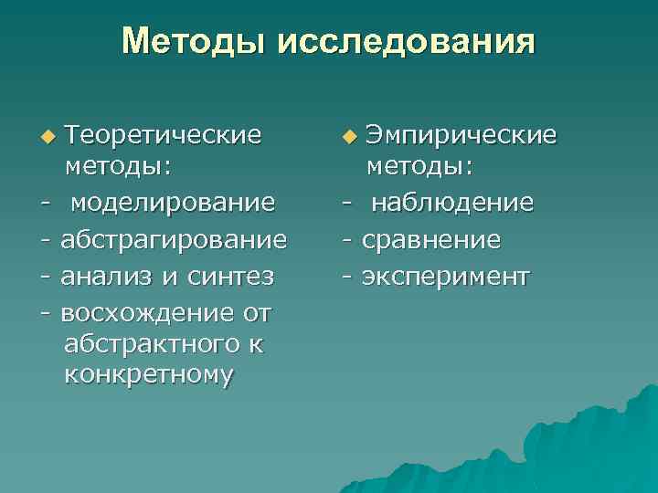 Методы исследования u - Теоретические методы: моделирование абстрагирование анализ и синтез восхождение от абстрактного