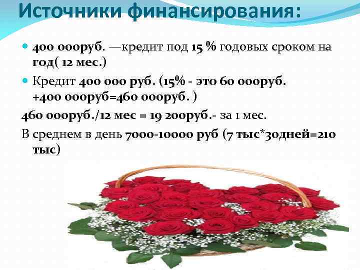 Источники финансирования: 400 000 руб. —кредит под 15 % годовых сроком на год( 12