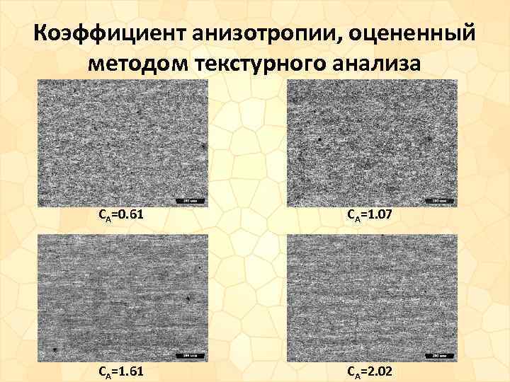 Коэффициент анизотропии, оцененный методом текстурного анализа CA=0. 61 CA=1. 07 CA=1. 61 CA=2. 02