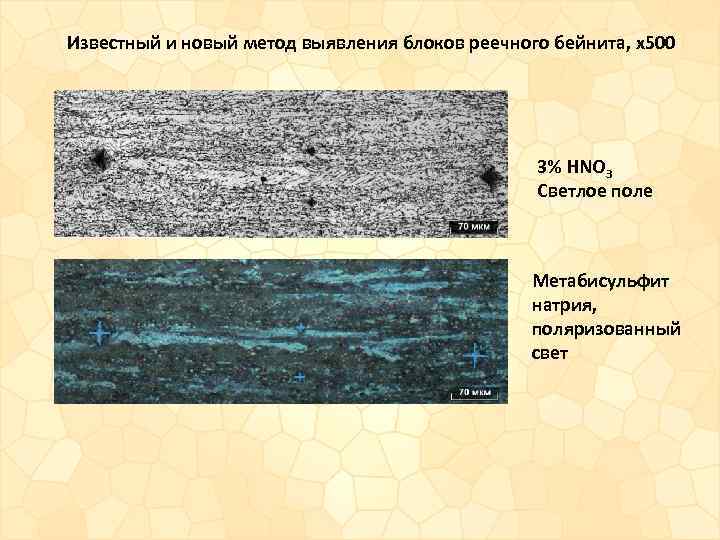Известный и новый метод выявления блоков реечного бейнита, x 500 3% HNO 3 Светлое