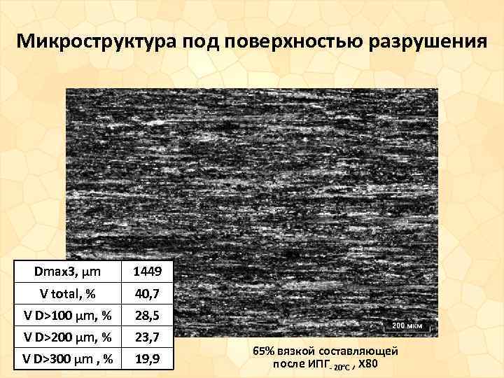 Микроструктура под поверхностью разрушения Dmax 3, μm 1449 V total, % 40, 7 V