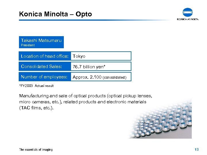Konica Minolta – Opto Takashi Matsumaru President Location of head office: Tokyo Consolidated Sales: