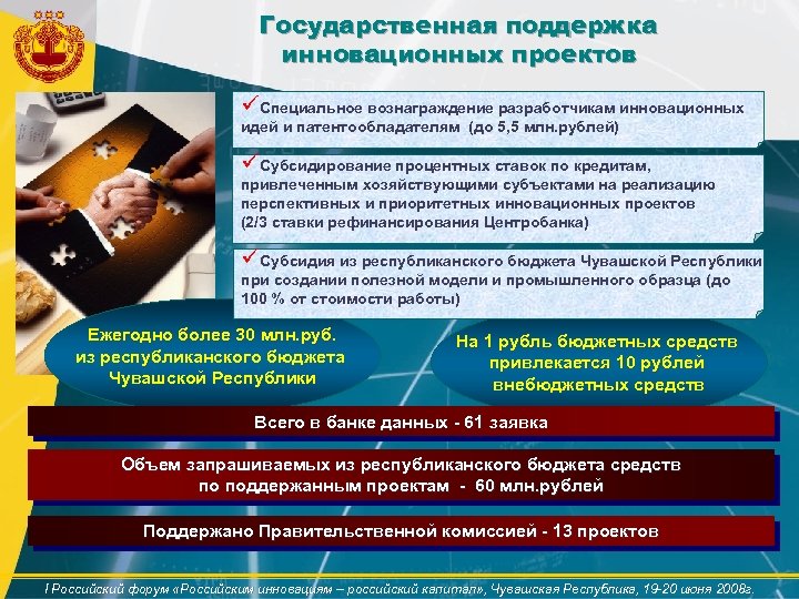 Государственная поддержка инновационных проектов üСпециальное вознаграждение разработчикам инновационных идей и патентообладателям (до 5, 5