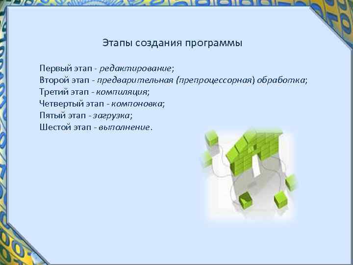 Этапы создания программы Первый этап - редактирование; Второй этап - предварительная (препроцессорная) обработка; Третий