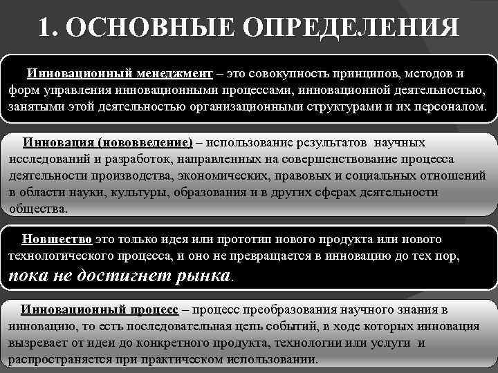 1. ОСНОВНЫЕ ОПРЕДЕЛЕНИЯ Инновационный менеджмент – это совокупность принципов, методов и форм управления инновационными
