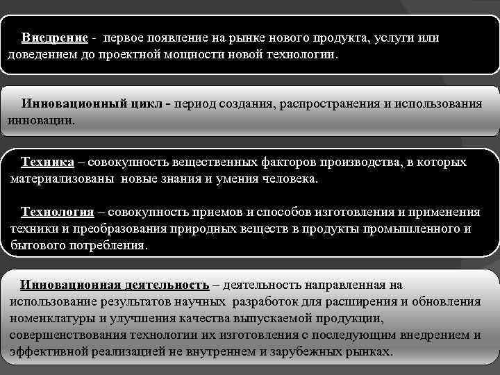 Внедрение - первое появление на рынке нового продукта, услуги или доведением до проектной мощности