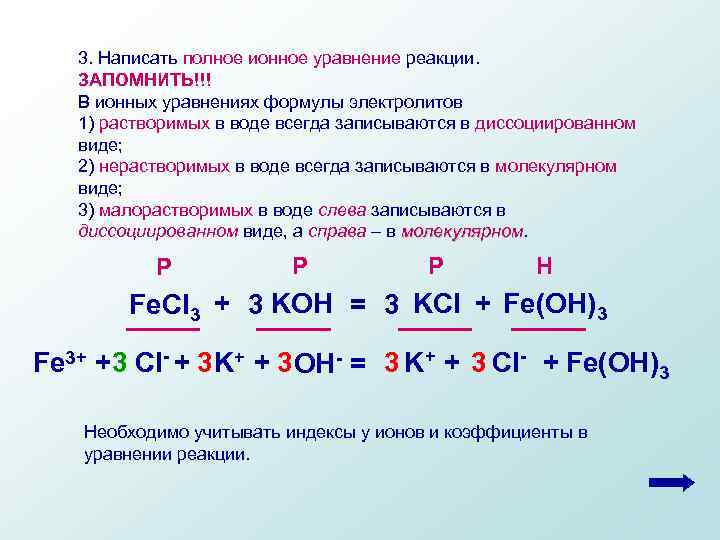 3. Написать полное ионное уравнение реакции. ЗАПОМНИТЬ!!! В ионных уравнениях формулы электролитов 1) растворимых
