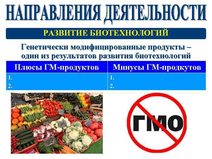 РАЗВИТИЕ БИОТЕХНОЛОГИЙ Генетически модифицированные продукты – один из результатов развития биотехнологий Плюсы ГМ-продуктов Минусы