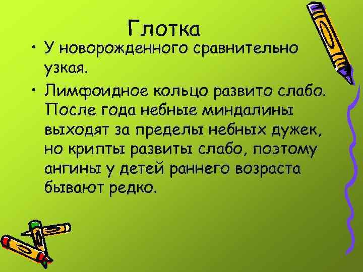 Глотка • У новорожденного сравнительно узкая. • Лимфоидное кольцо развито слабо. После года небные