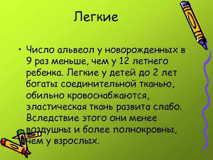 Легкие • Число альвеол у новорожденных в 9 раз меньше, чем у 12 летнего