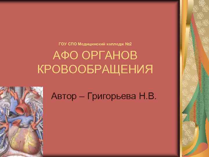 ГОУ СПО Медицинский колледж № 2 АФО ОРГАНОВ КРОВООБРАЩЕНИЯ Автор – Григорьева Н. В.