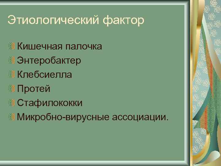 Этиологический фактор Кишечная палочка Энтеробактер Клебсиелла Протей Стафилококки Микробно-вирусные ассоциации. 