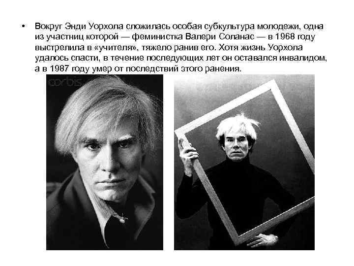  • Вокруг Энди Уорхола сложилась особая субкультура молодежи, одна из участниц которой —