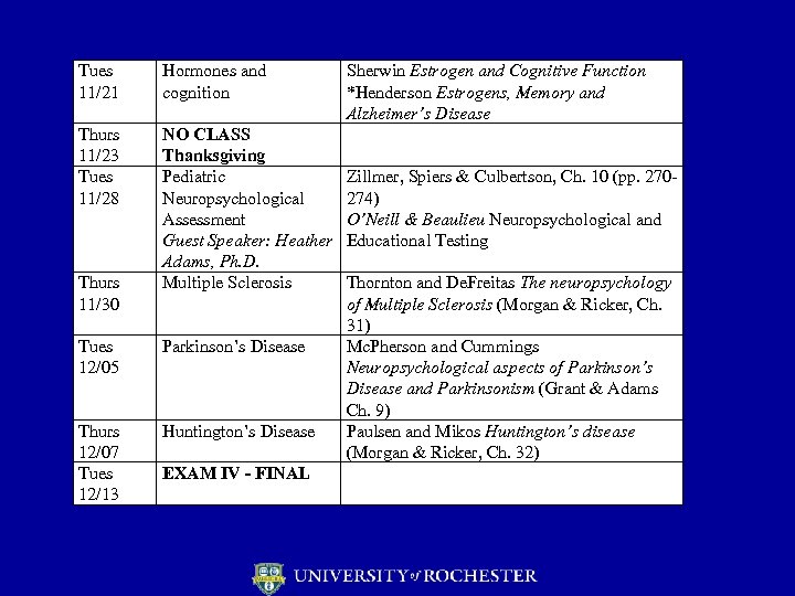 Tues 11/21 Hormones and cognition Thurs 11/23 Tues 11/28 NO CLASS Thanksgiving Pediatric Neuropsychological