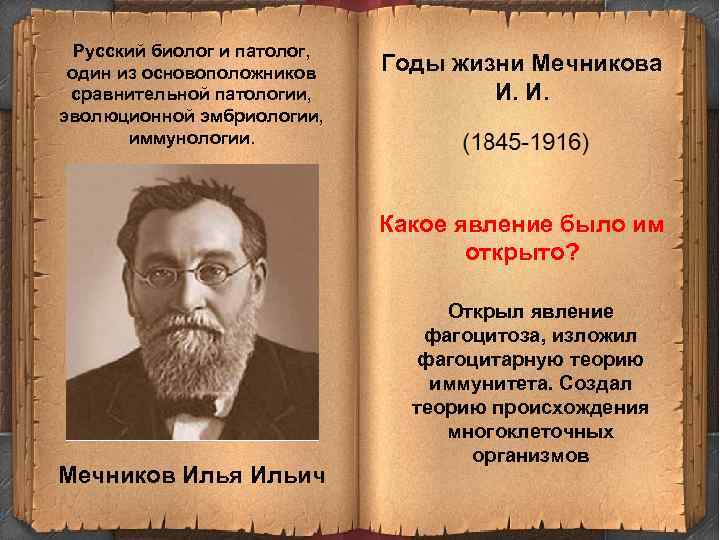 Русский биолог и патолог, один из основоположников сравнительной патологии, эволюционной эмбриологии, иммунологии. Годы жизни