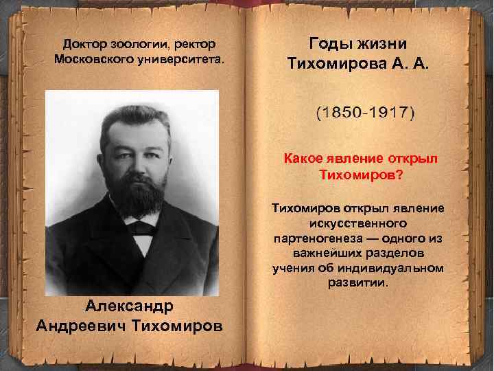 Доктор зоологии, ректор Московского университета. Годы жизни Тихомирова А. А. Какое явление открыл Тихомиров?