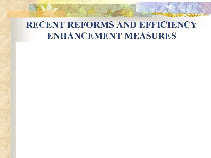 RECENT REFORMS AND EFFICIENCY ENHANCEMENT MEASURES 