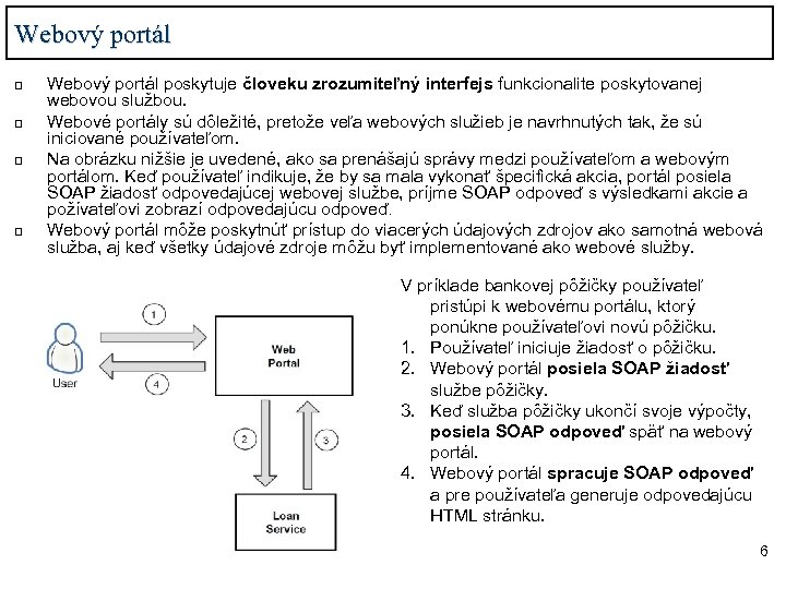 Webový portál q q Webový portál poskytuje človeku zrozumiteľný interfejs funkcionalite poskytovanej webovou službou.