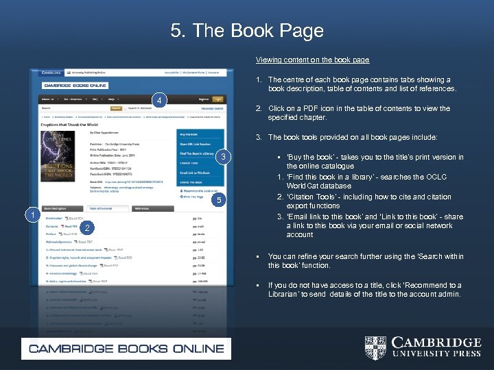5. The Book Page Viewing content on the book page 1. The centre of