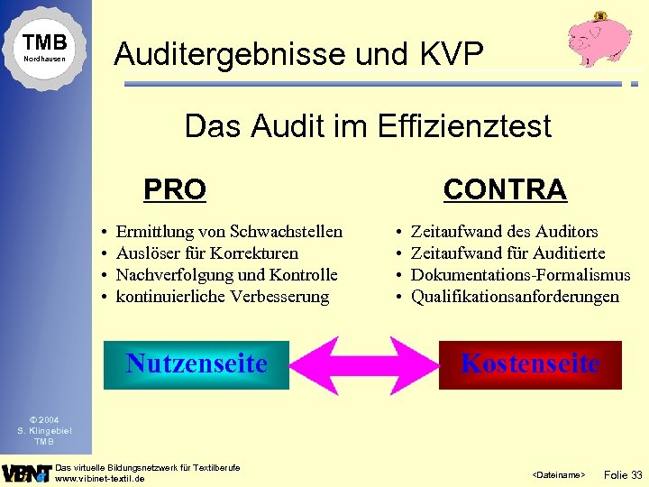 TMB Auditergebnisse und KVP Nordhausen Das Audit im Effizienztest PRO • • Ermittlung von