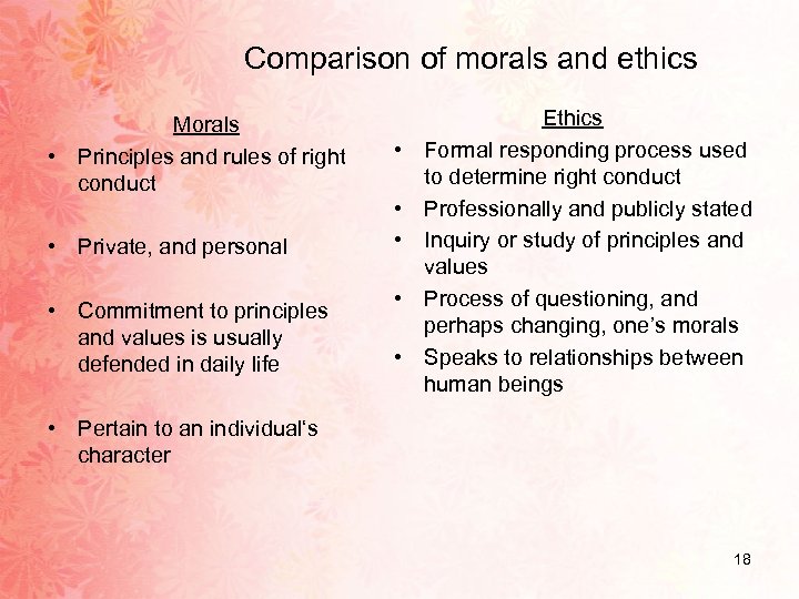 Comparison of morals and ethics Morals • Principles and rules of right conduct •