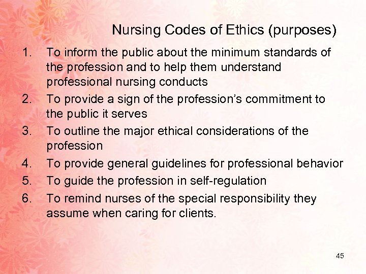 Nursing Codes of Ethics (purposes) 1. 2. 3. 4. 5. 6. To inform the