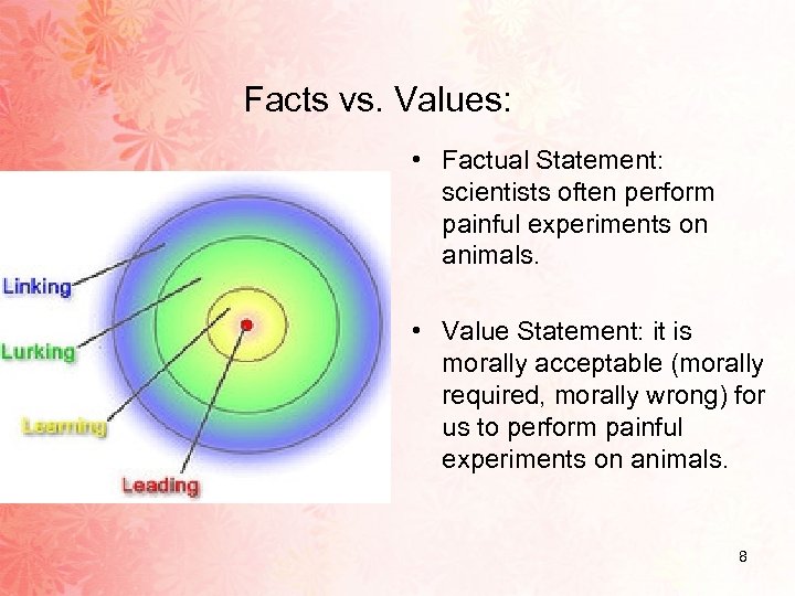 Facts vs. Values: • Factual Statement: scientists often perform painful experiments on animals. •