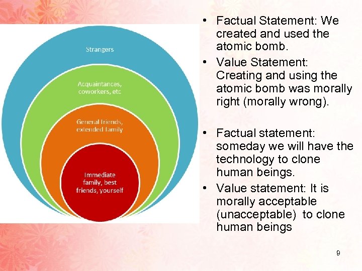  • Factual Statement: We created and used the atomic bomb. • Value Statement: