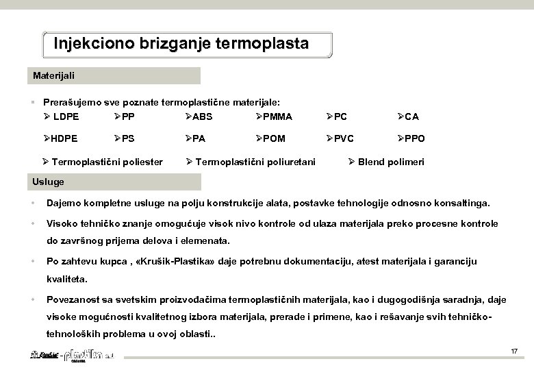 Injekciono brizganje termoplasta Materijali § Prerašujemo sve poznate termoplastične materijale: LDPE PP ABS PMMA