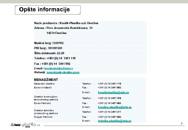 Opšte informacije Naziv preduzeća : Krušik-Plastika a. d. Osečina Adresa : Pere Jovanovića Komirićanca