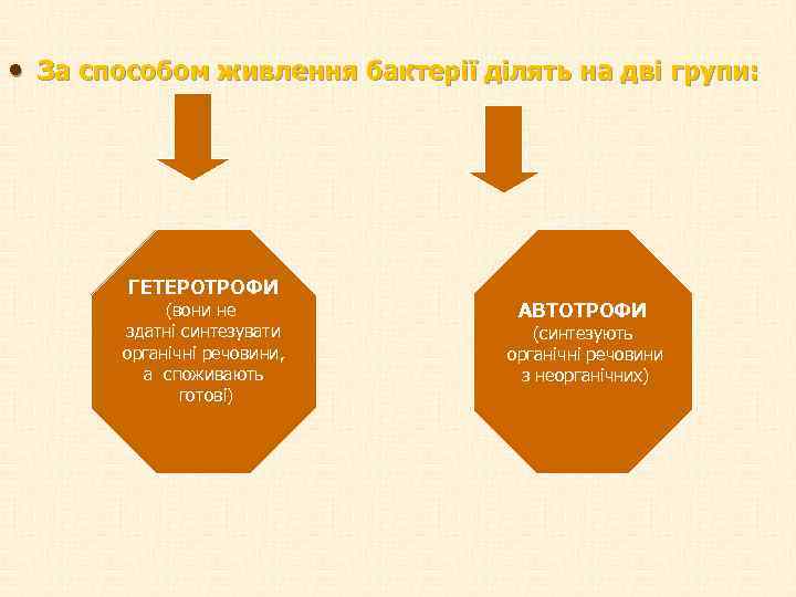  • За способом живлення бактерії ділять на дві групи: ГЕТЕРОТРОФИ (вони не здатні