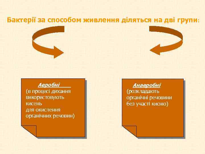 Бактерії за способом живлення діляться на дві групи: Аеробні (в процесі дихання використовують кисень