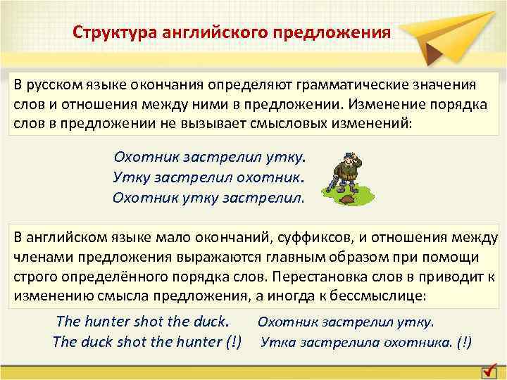 Структура английского предложения В русском языке окончания определяют грамматические значения слов и отношения между