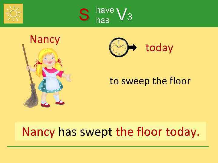 S Nancy have has V 3 today to sweep the floor Nancy has swept