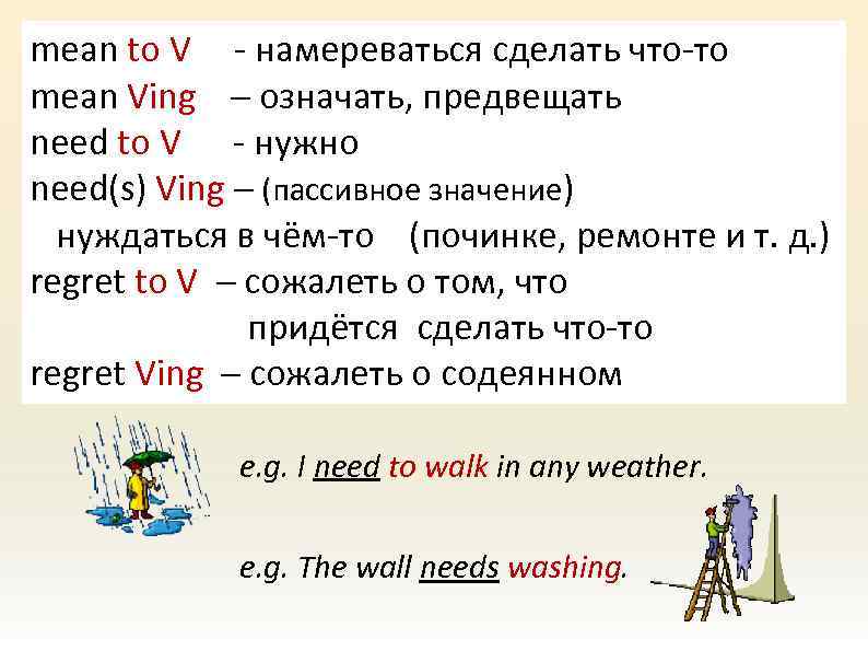 mean to V - намереваться сделать что-то mean Ving – означать, предвещать need to