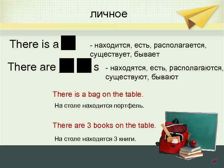 личное There is a - находится, есть, располагается, существует, бывает There are s -