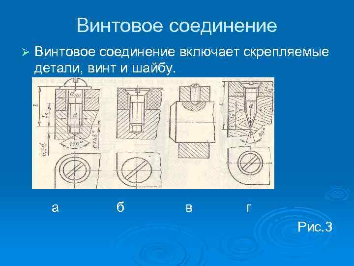 Винтовое соединение Ø Винтовое соединение включает скрепляемые детали, винт и шайбу. а б в