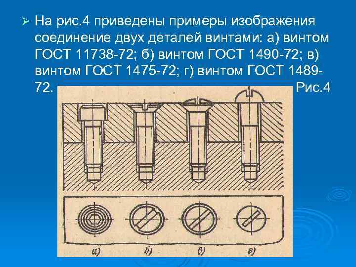 Ø На рис. 4 приведены примеры изображения соединение двух деталей винтами: а) винтом ГОСТ