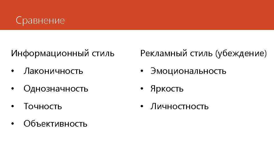 Сравнение Информационный стиль Рекламный стиль (убеждение) • Лаконичность • Эмоциональность • Однозначность • Яркость