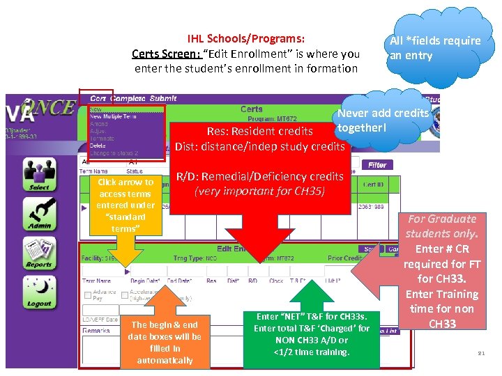 IHL Schools/Programs: Certs Screen: “Edit Enrollment” is where you enter the student’s enrollment in