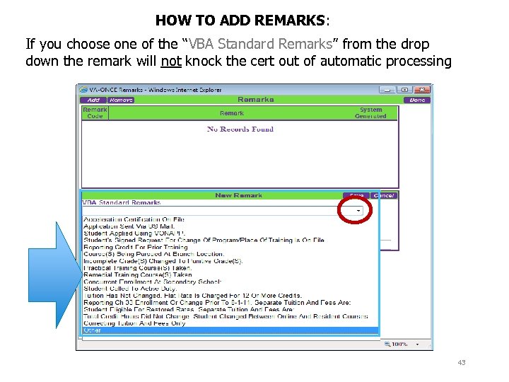 HOW TO ADD REMARKS: If you choose one of the “VBA Standard Remarks” from